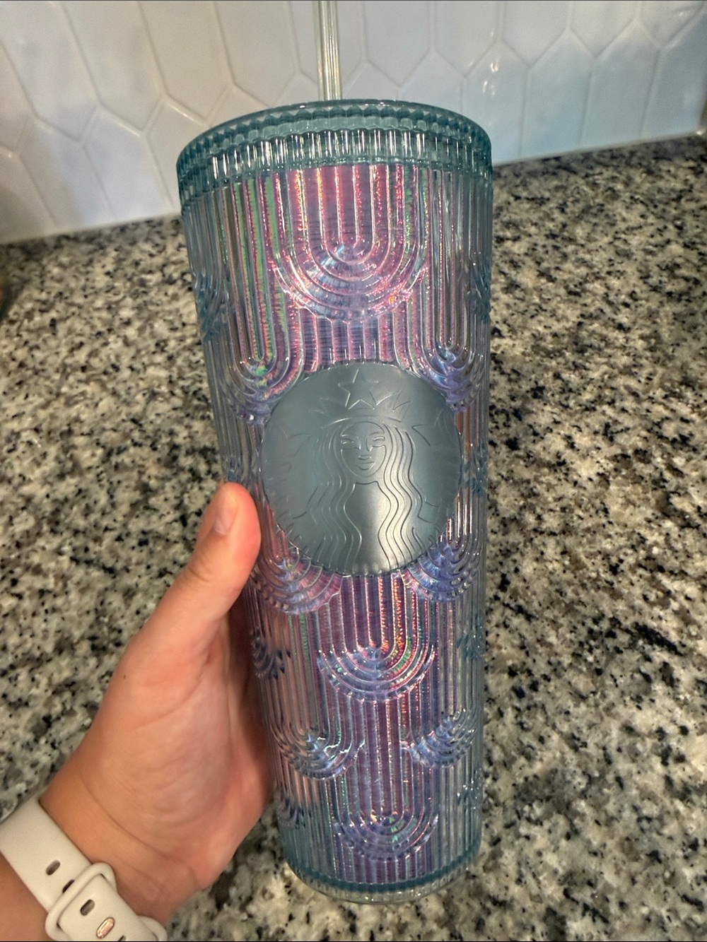 Starbucks Iridescent Teal-to-Purple Ribbed Cold Cup with Siren Logo